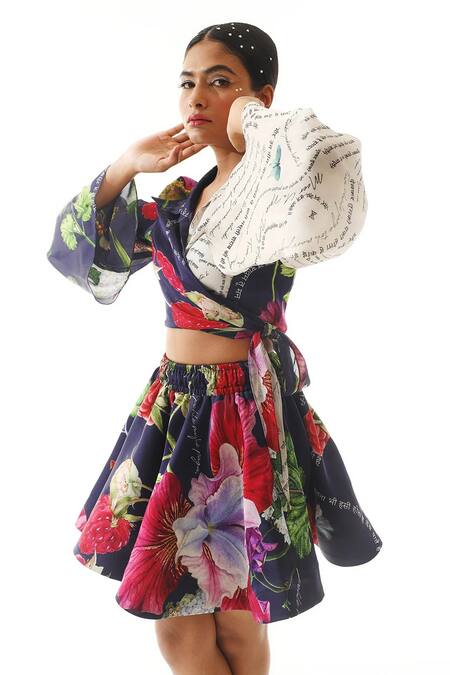 Mahima Mahajan Blue Organza, Satin, Cotton Floral Print Short Skirt Online at Aza Fashions Mahima Mahajan_Blue Organza, Satin, Cotton Floral Print Short Skirt _Online_at_Aza_Fashions