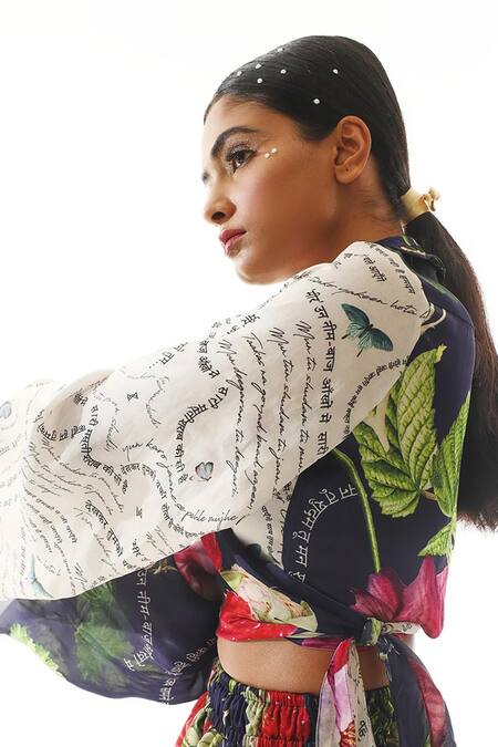 Buy Mahima Mahajan Blue Organza, Satin Embroidery Collared Berry Print Wrap Shirt Online at Aza Fashions Buy_Mahima Mahajan_Blue Organza, Satin Embroidery Collared Berry Print Wrap Shirt _Online_at_Aza_Fashions