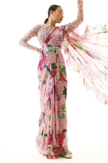 Shop_Mahima Mahajan_Pink Georgette Printed Floral Round Ruffle Pre-draped Saree With Blouse _Online_at_Aza_Fashions