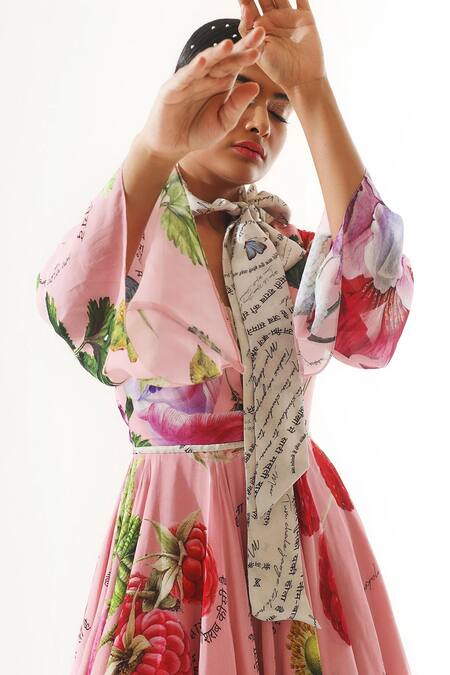 Mahima Mahajan Pink Georgette Neck Tie Up Flared Dress Online at Aza Fashions Mahima Mahajan_Pink Georgette Neck Tie Up Flared Dress _Online_at_Aza_Fashions