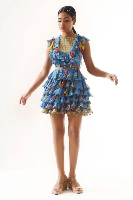 Mahima Mahajan_Blue Georgette, Satin Ruffles Round Neck Tiered Hem Printed Dress _Online_at_Aza_Fashions