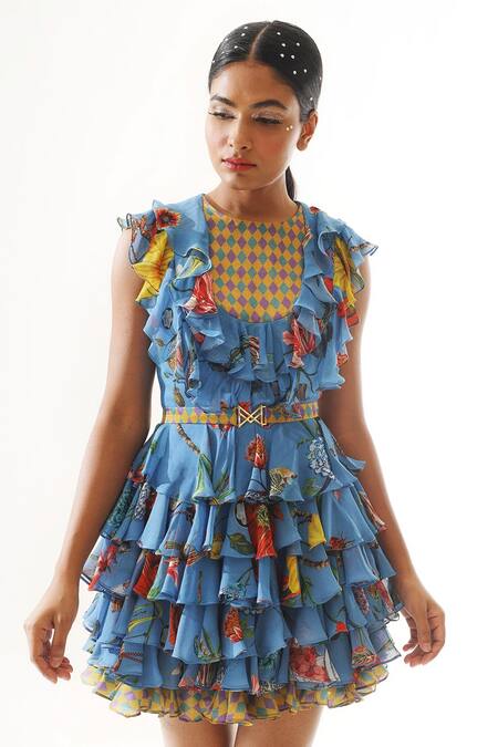 Buy_Mahima Mahajan_Blue Georgette, Satin Ruffles Round Neck Tiered Hem Printed Dress _Online_at_Aza_Fashions