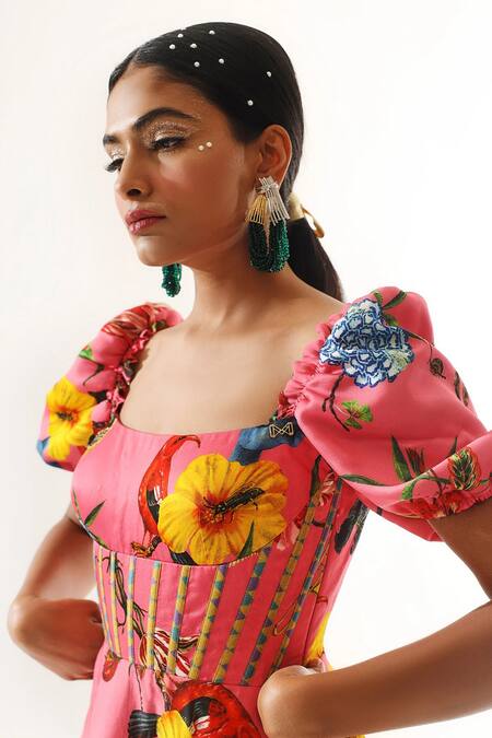 Buy_Mahima Mahajan_Pink Organza, Satin Tassels Square Neck Floral Print Flared Short Dress _Online_at_Aza_Fashions