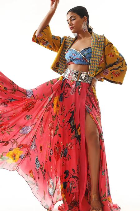 Mahima Mahajan Multi Color Organza, Satin Mirrors, Embroidery Printed Short Jacket Lehenga Set Online at Aza Fashions Mahima Mahajan_Multi Color Organza, Satin Mirrors, Embroidery Printed Short Jacket Lehenga Set _Online_at_Aza_Fashions