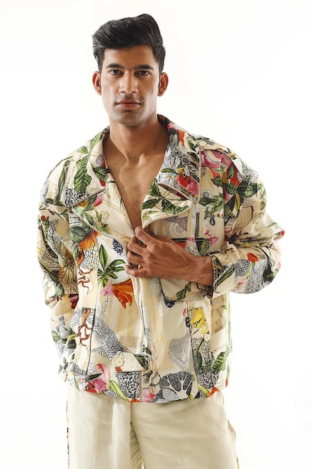 Mahima Mahajan Multi Color Silk, Satin Tropical Jungle Print Jacket And Jogger Set Online at Aza Fashions Mahima Mahajan_Multi Color Silk, Satin Tropical Jungle Print Jacket And Jogger Set _Online_at_Aza_Fashions