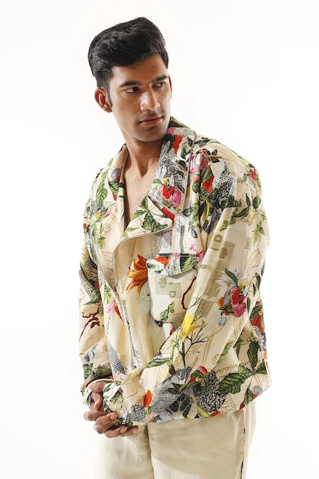 Buy_Mahima Mahajan_Multi Color Denim, Silk Tropical Jungle Print Jacket _Online_at_Aza_Fashions