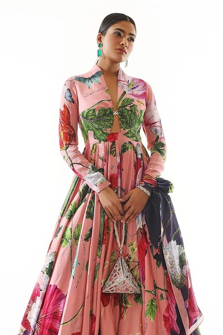 Mahima Mahajan Pink Satin, Organza Zari, Embroidery Plunge Blossom Print Anarkali With Dupatta Online at Aza Fashions Mahima Mahajan_Pink Satin, Organza Zari, Embroidery Plunge Blossom Print Anarkali With Dupatta _Online_at_Aza_Fashions