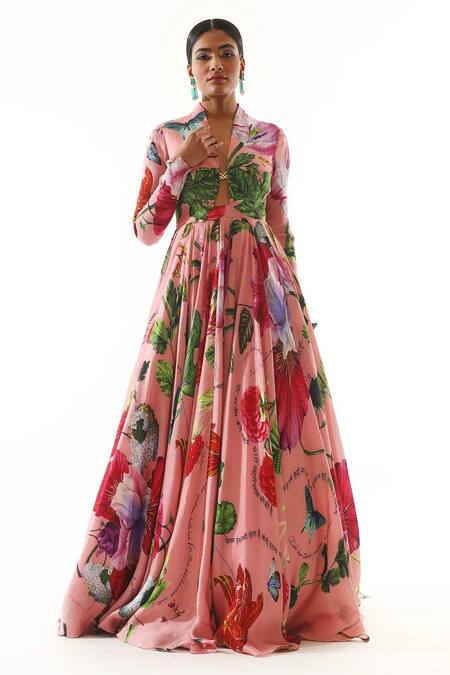 Buy_Mahima Mahajan_Pink Satin, Organza Zari, Embroidery Plunge Blossom Print Anarkali With Dupatta _Online_at_Aza_Fashions