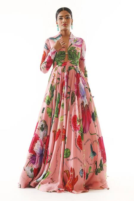 Shop_Mahima Mahajan_Pink Satin, Organza Zari, Embroidery Plunge Blossom Print Anarkali With Dupatta _Online_at_Aza_Fashions