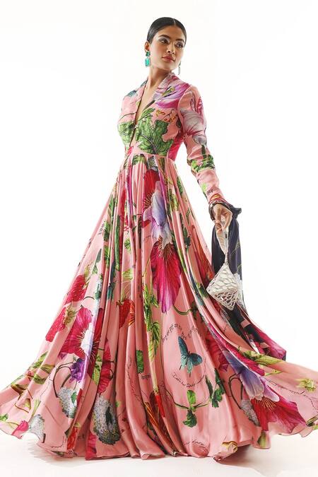 Mahima Mahajan Pink Satin, Organza Zari, Embroidery Plunge Blossom Print Anarkali With Dupatta at Aza Fashions Mahima Mahajan_Pink Satin, Organza Zari, Embroidery Plunge Blossom Print Anarkali With Dupatta _at_Aza_Fashions