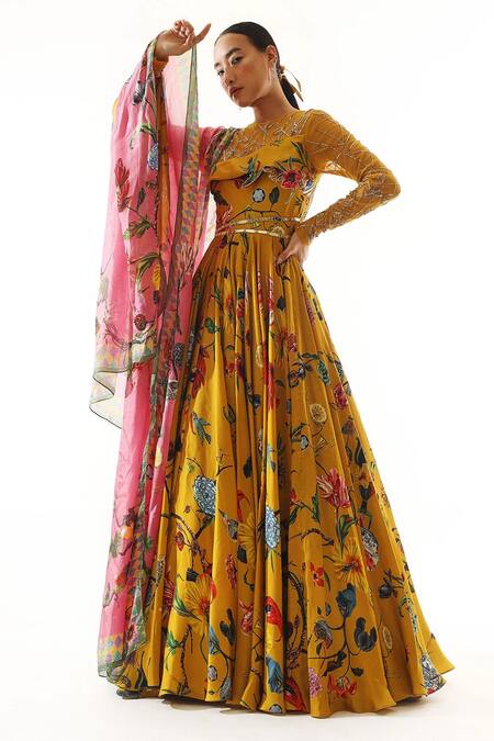 Mahima Mahajan_Gold Organza, Net, Satin Beads Round Neck Printed Anarkali With Dupatta _Online_at_Aza_Fashions