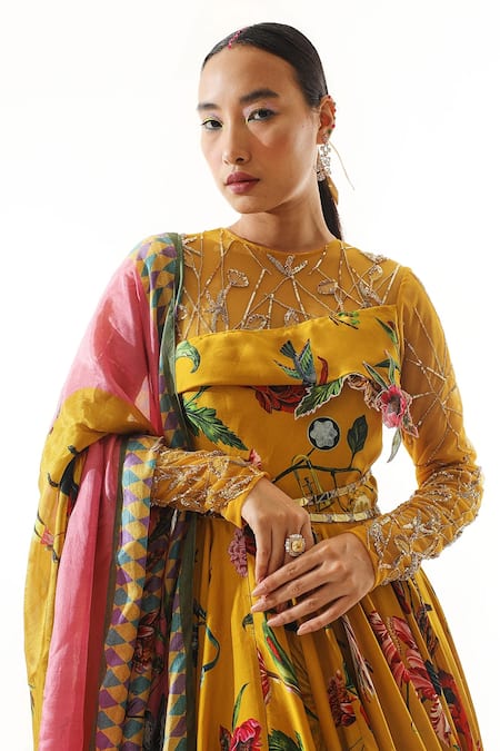 Buy_Mahima Mahajan_Gold Organza, Net, Satin Beads Round Neck Printed Anarkali With Dupatta _Online_at_Aza_Fashions