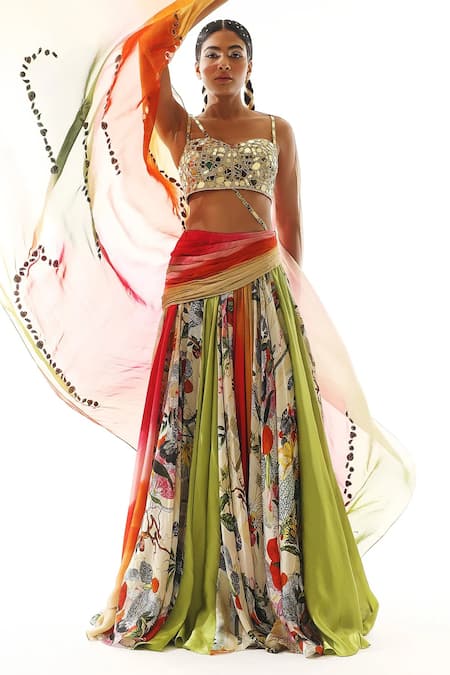 Buy_Mahima Mahajan_Multi Color Organza Mirrors Sweetheart Neck Layered Lehenga Blouse Set _Online_at_Aza_Fashions