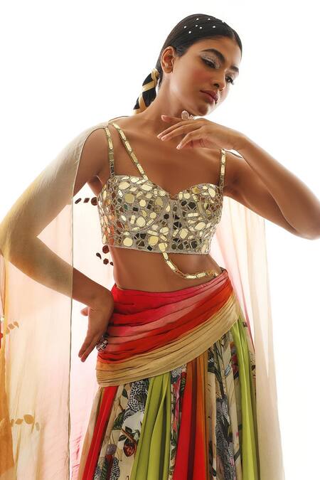 Mahima Mahajan_Multi Color Organza Mirrors Sweetheart Neck Layered Lehenga Blouse Set _at_Aza_Fashions