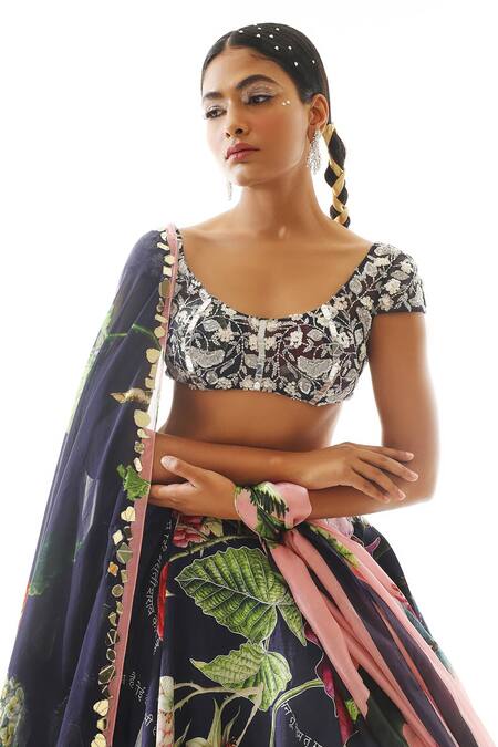 Mahima Mahajan Blue Organza, Satin Beads, Embroidery Scoop Neck Fruit Print Lehenga Set Online at Aza Fashions Mahima Mahajan_Blue Organza, Satin Beads, Embroidery Scoop Neck Fruit Print Lehenga Set _Online_at_Aza_Fashions