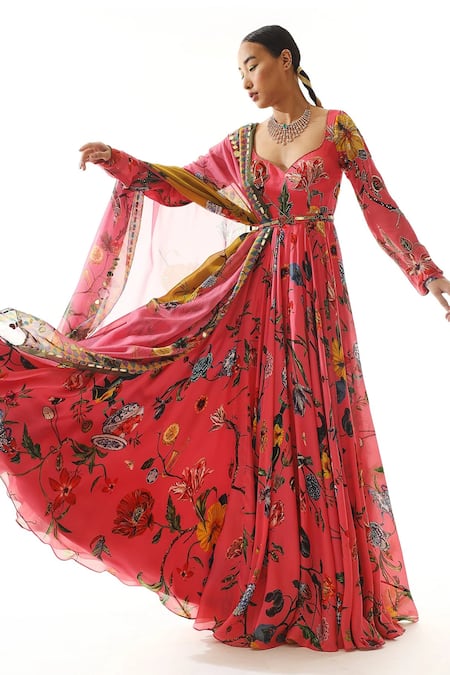 Mahima Mahajan_Pink Organza, Satin Sequins, Floral Print Full Sleeve Anarkali With Dupatta _Online_at_Aza_Fashions