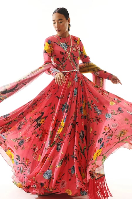 Mahima Mahajan Pink Organza Embroidery, Mirrors, Tassels Florette Print Anarkali With Dupatta Online at Aza Fashions Mahima Mahajan_Pink Organza Embroidery, Mirrors, Tassels Florette Print Anarkali With Dupatta _Online_at_Aza_Fashions
