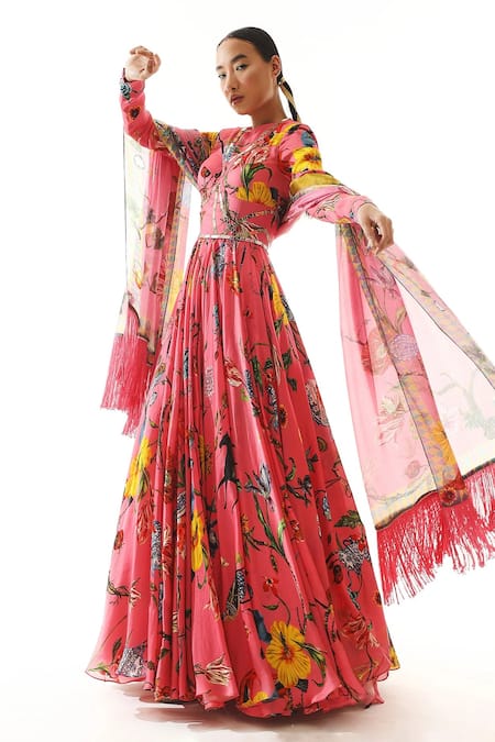 Shop Mahima Mahajan Pink Organza Embroidery, Mirrors, Tassels Florette Print Anarkali With Dupatta Online at Aza Fashions Shop_Mahima Mahajan_Pink Organza Embroidery, Mirrors, Tassels Florette Print Anarkali With Dupatta _Online_at_Aza_Fashions