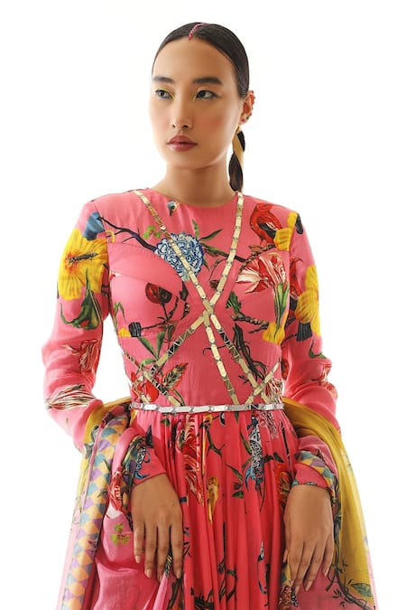 Mahima Mahajan Pink Organza Embroidery, Mirrors, Tassels Florette Print Anarkali With Dupatta at Aza Fashions Mahima Mahajan_Pink Organza Embroidery, Mirrors, Tassels Florette Print Anarkali With Dupatta _at_Aza_Fashions