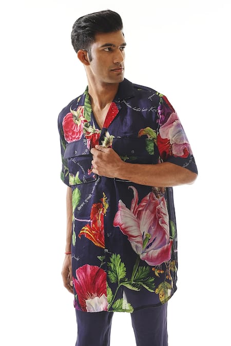 Mahima Mahajan_Blue Organza Embroidery Floral Bloom And Language Print Shirt With Pant _Online_at_Aza_Fashions