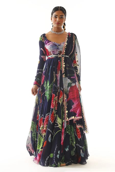 Buy Mahima Mahajan Blue Georgette, Organza Mirrors, Typographic Print Anarkali With Dupatta Online at Aza Fashions Buy_Mahima Mahajan_Blue Georgette, Organza Mirrors, Typographic Print Anarkali With Dupatta _Online_at_Aza_Fashions