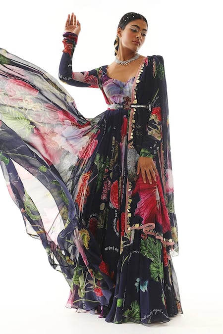 Shop Mahima Mahajan Blue Georgette, Organza Mirrors, Typographic Print Anarkali With Dupatta Online at Aza Fashions Shop_Mahima Mahajan_Blue Georgette, Organza Mirrors, Typographic Print Anarkali With Dupatta _Online_at_Aza_Fashions