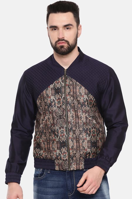 Mayank Modi - Men_Blue Cotton Printed Floral Quilted Bomber Jacket _Online_at_Aza_Fashions