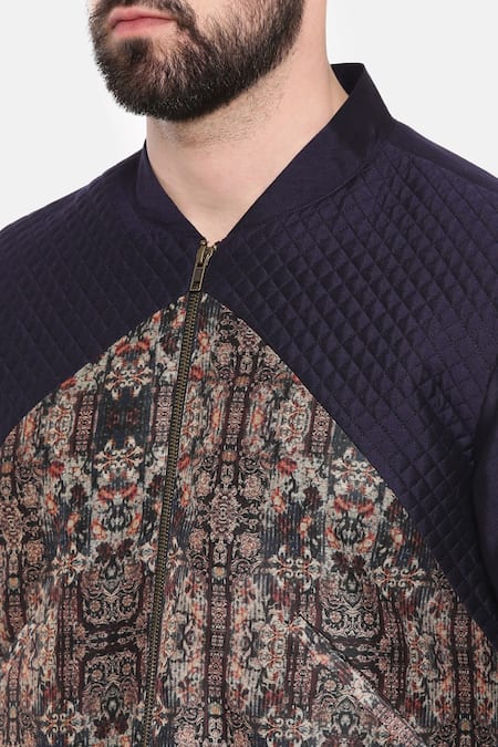 Buy_Mayank Modi - Men_Blue Cotton Printed Floral Quilted Bomber Jacket _Online_at_Aza_Fashions