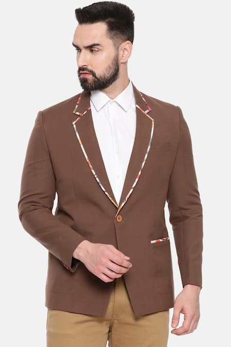 Mayank Modi - Men_Brown Cotton, Muslin Embroidery One-buttoned Blazer_Online_at_Aza_Fashions