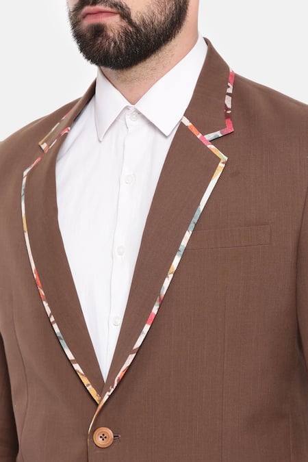 Buy_Mayank Modi - Men_Brown Cotton, Muslin Embroidery One-buttoned Blazer_Online_at_Aza_Fashions