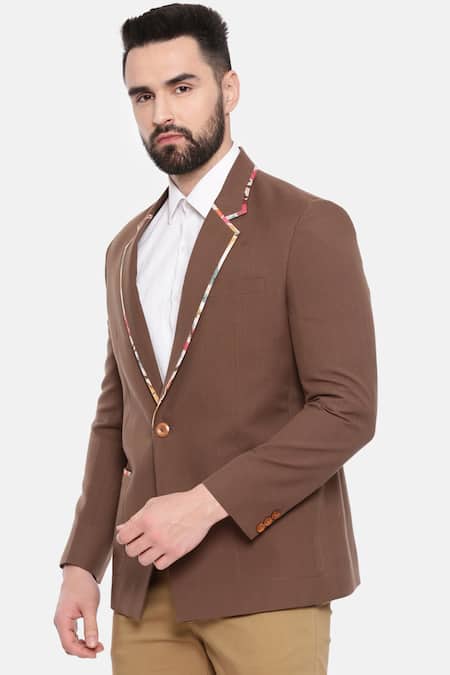 Shop_Mayank Modi - Men_Brown Cotton, Muslin Embroidery One-buttoned Blazer_Online_at_Aza_Fashions