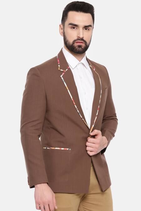 Mayank Modi - Men_Brown Cotton, Muslin Embroidery One-buttoned Blazer_at_Aza_Fashions