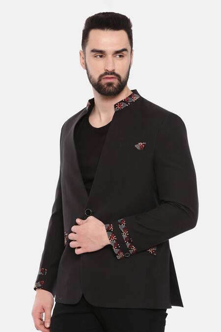 Shop_Mayank Modi - Men_Black Cotton Embroidery One-buttoned Blazer _Online_at_Aza_Fashions