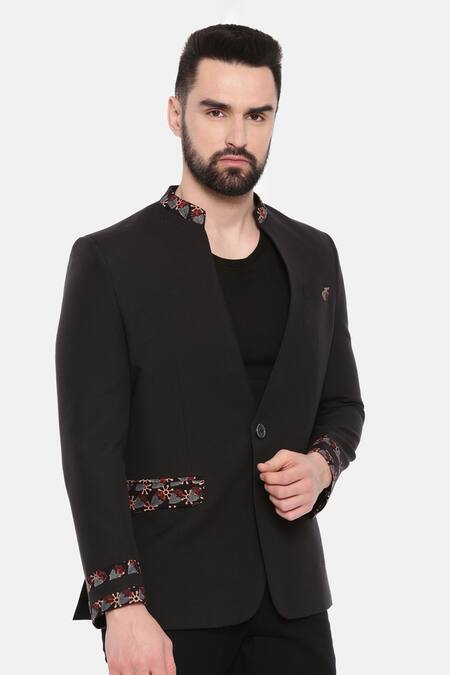 Mayank Modi - Men_Black Cotton Embroidery One-buttoned Blazer _at_Aza_Fashions