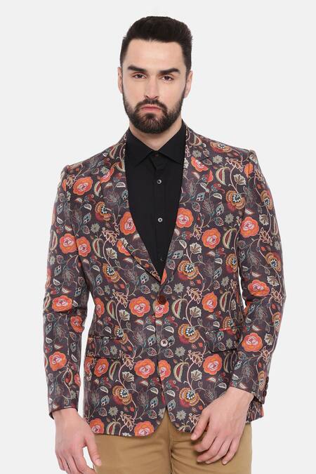 Mayank Modi - Men_Black Muslin Embroidery Floral Print One-buttoned Blazer _Online_at_Aza_Fashions