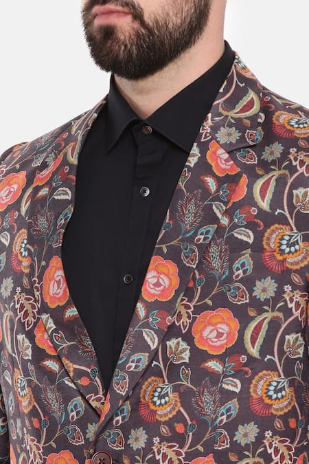 Buy_Mayank Modi - Men_Black Muslin Embroidery Floral Print One-buttoned Blazer _Online_at_Aza_Fashions