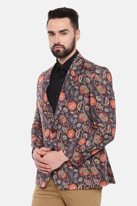 Shop_Mayank Modi - Men_Black Muslin Embroidery Floral Print One-buttoned Blazer _Online_at_Aza_Fashions