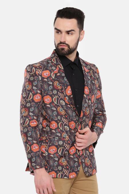 Mayank Modi - Men_Black Muslin Embroidery Floral Print One-buttoned Blazer _at_Aza_Fashions