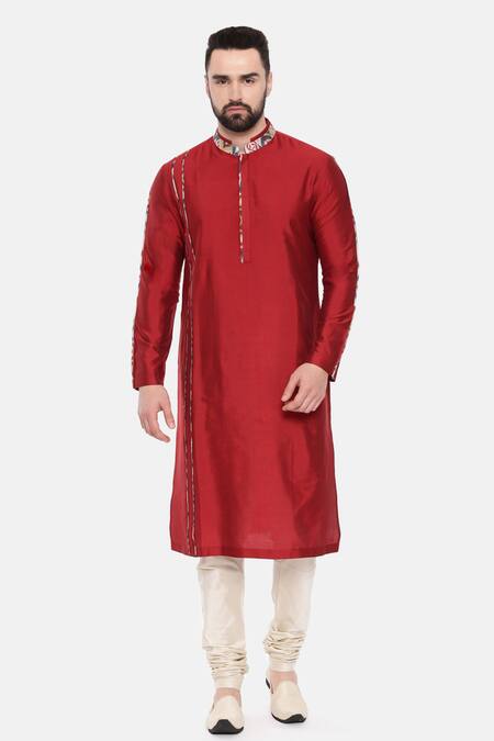 Mayank Modi - Men_Red Silk, Cotton, Muslin Embroidery Collar Printed Long Kurta And Pant Set _Online_at_Aza_Fashions