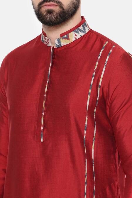 Buy_Mayank Modi - Men_Red Silk, Cotton, Muslin Embroidery Collar Printed Long Kurta And Pant Set _Online_at_Aza_Fashions