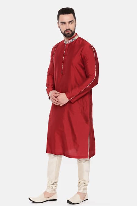 Shop_Mayank Modi - Men_Red Silk, Cotton, Muslin Embroidery Collar Printed Long Kurta And Pant Set _Online_at_Aza_Fashions