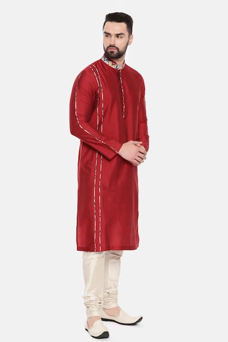 Mayank Modi - Men_Red Silk, Cotton, Muslin Embroidery Collar Printed Long Kurta And Pant Set _at_Aza_Fashions
