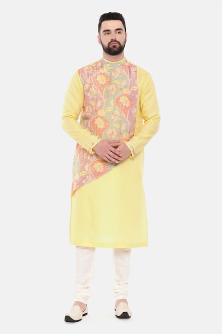 Mayank Modi - Men_Yellow Linen, Muslin Embroidery Floral Print Kurta And Pant Set _Online_at_Aza_Fashions