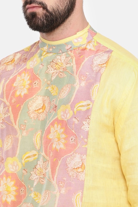 Buy_Mayank Modi - Men_Yellow Linen, Muslin Embroidery Floral Print Kurta And Pant Set _Online_at_Aza_Fashions