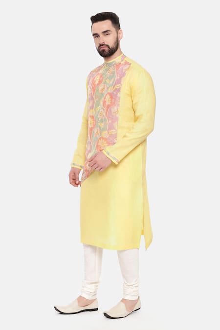 Shop_Mayank Modi - Men_Yellow Linen, Muslin Embroidery Floral Print Kurta And Pant Set _Online_at_Aza_Fashions