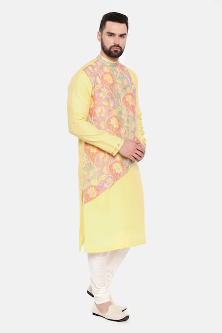 Mayank Modi - Men_Yellow Linen, Muslin Embroidery Floral Print Kurta And Pant Set _at_Aza_Fashions