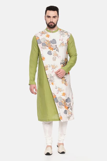 Mayank Modi - Men_Green Linen, Muslin Printed Long Kurta And Pant Set _Online_at_Aza_Fashions