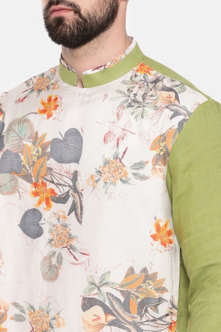 Buy_Mayank Modi - Men_Green Linen, Muslin Printed Long Kurta And Pant Set _Online_at_Aza_Fashions