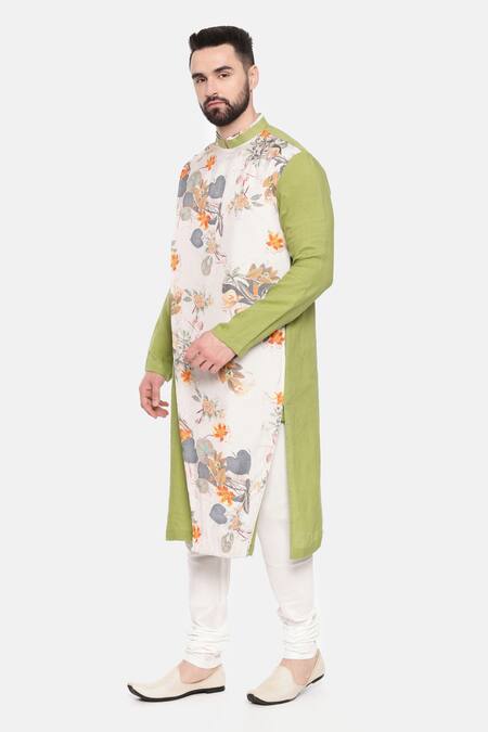 Shop_Mayank Modi - Men_Green Linen, Muslin Printed Long Kurta And Pant Set _Online_at_Aza_Fashions
