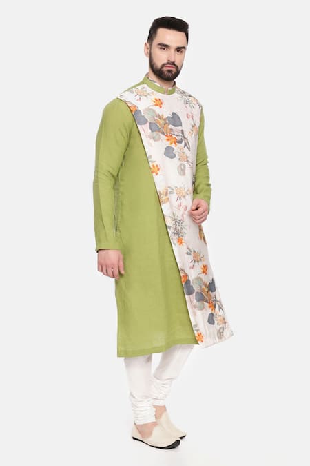 Mayank Modi - Men_Green Linen, Muslin Printed Long Kurta And Pant Set _at_Aza_Fashions